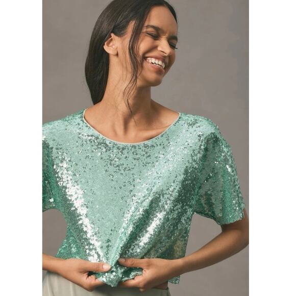 By Anthropologie Sequin Glitter Short Sleeve Cropped Turquoise Top, Size Small - Picture 12 of 12